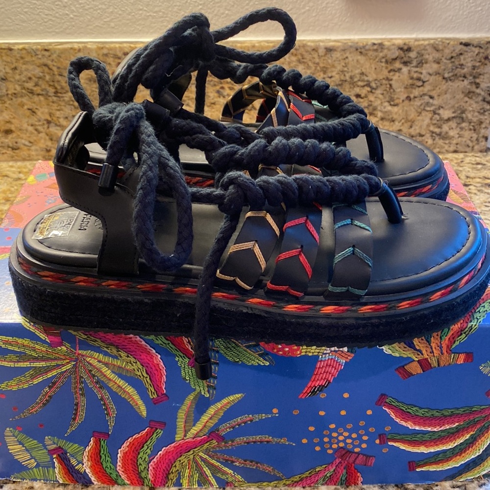 Farm Rio Rope Tie Platform Sandal in Black